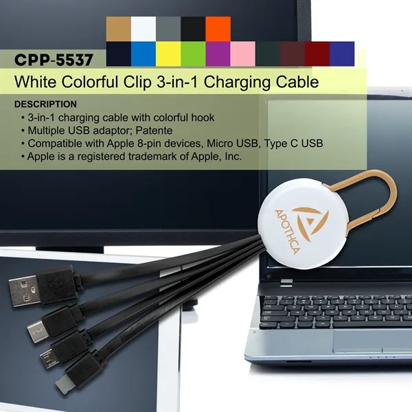 WHITE COLORFUL CLIP 3 IN 1 CHARGING CABLE... from ASI 30208 A P Specialties / AP Specialties