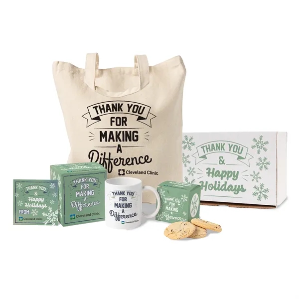 Mailer box filled with tote bag, mug and chocolate chip cookies.... from ASI 44900 NC Custom (CI/Lanco) / Lanco