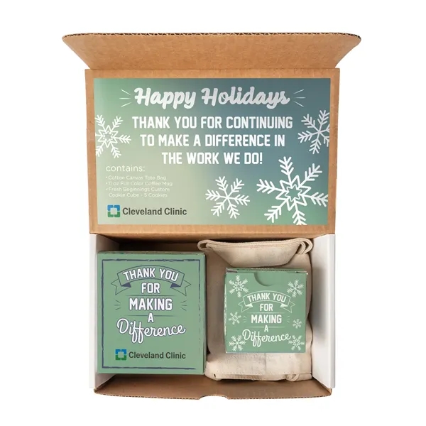 Mailer box filled with tote bag, mug and chocolate chip cookies.... from ASI 44900 NC Custom (CI/Lanco) / Lanco