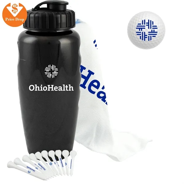 Golf outing kit with a 28-ounce bottle, golf towel, 10 tees,... from ASI 57653 Gold Bond