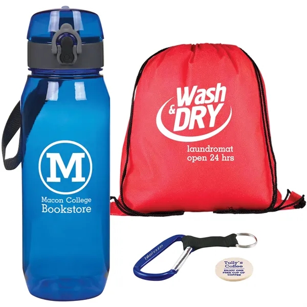 College kit with a drawstring backpack, carabiner, sports bottle, and promotional... from ASI 57653 Gold Bond
