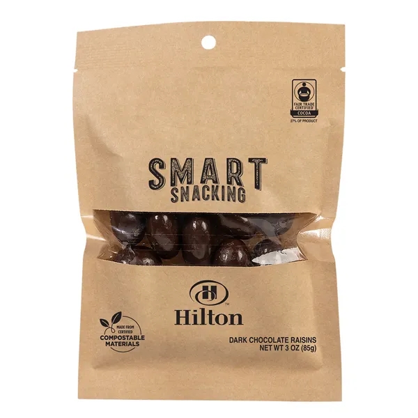Fair Trade dark chocolate raisins in an eco-friendly kraft pouch... from ASI 44900 NC Custom (CI/Lanco) / Chocolate Inn