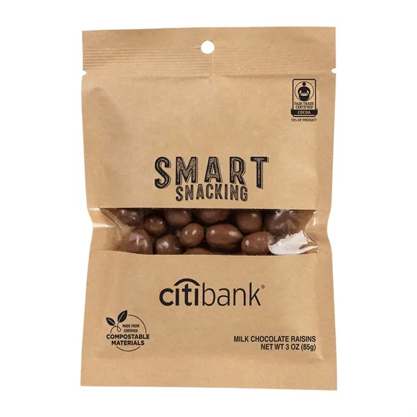 Fair Trade milk chocolate raisins in an eco-friendly kraft pouch... from ASI 44900 NC Custom (CI/Lanco) / Chocolate Inn