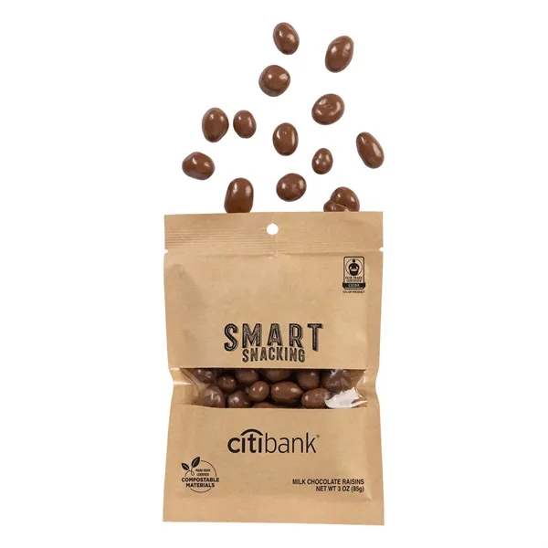 Fair Trade milk chocolate raisins in an eco-friendly kraft pouch... from ASI 44900 NC Custom (CI/Lanco) / Chocolate Inn
