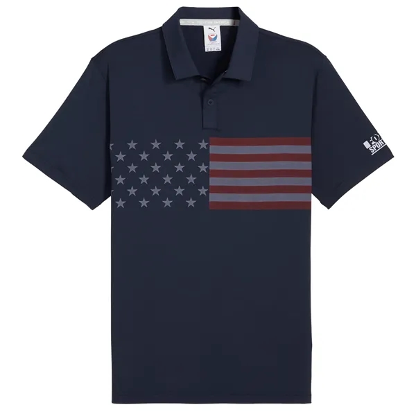 Men's performance golf polo with striped flag design.... from ASI 57653 Gold Bond