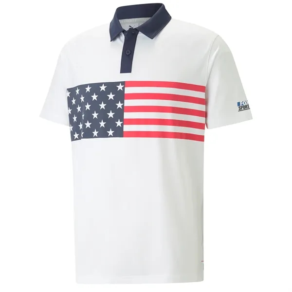 Men's performance golf polo with striped flag design.... from ASI 57653 Gold Bond