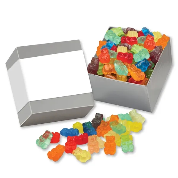 silver gift box with full color band filled with gummi bears... from ASI 68680 Maple Ridge Farms Inc