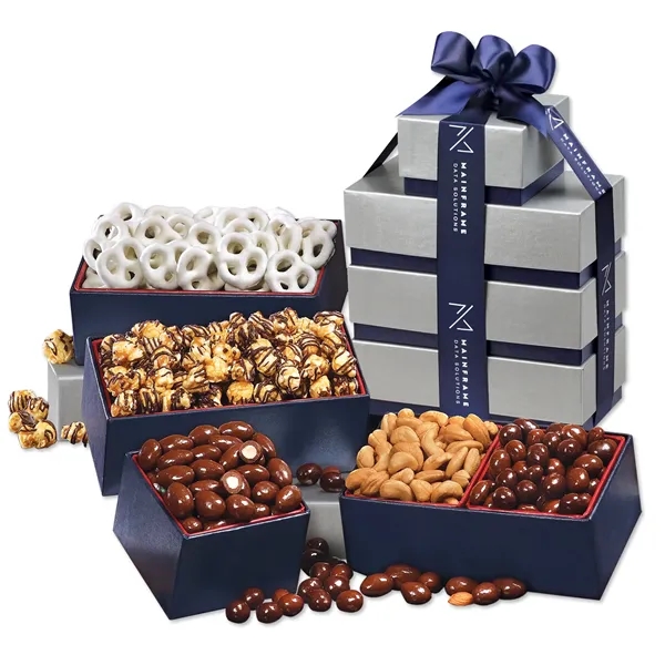 Silver and navy tower filled with chocolates, nuts, and popcorn.... from ASI 68680 Maple Ridge Farms Inc