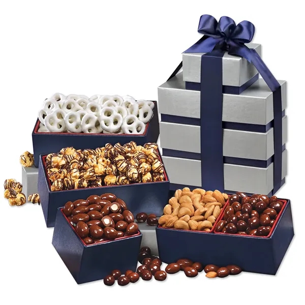 Silver and navy tower filled with chocolates, nuts, and popcorn.... from ASI 68680 Maple Ridge Farms Inc