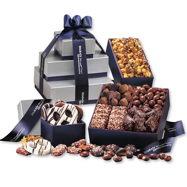 Silver and navy tower filled with chocolates and popcorn.... from ASI 68680 Maple Ridge Farms Inc