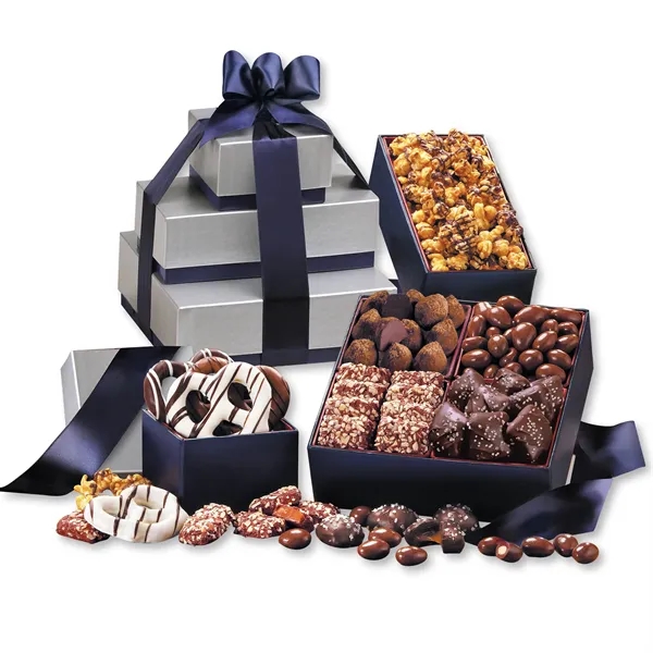 Silver and navy tower filled with chocolates and popcorn.... from ASI 68680 Maple Ridge Farms Inc