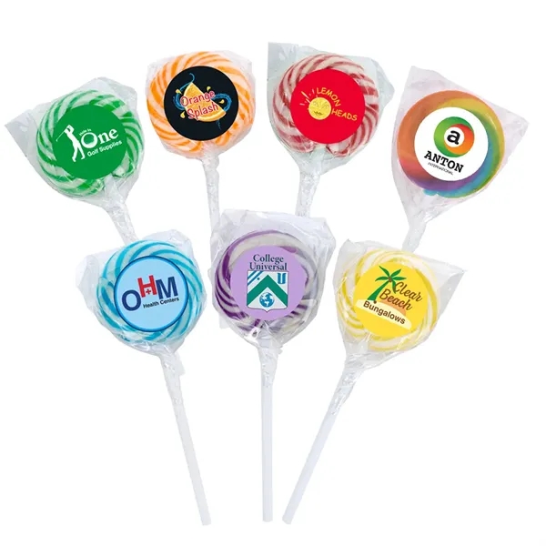 Swirl lollipop with round custom label; assorted flavors.... from ASI 61125 Hit Promotional Products / Hit®