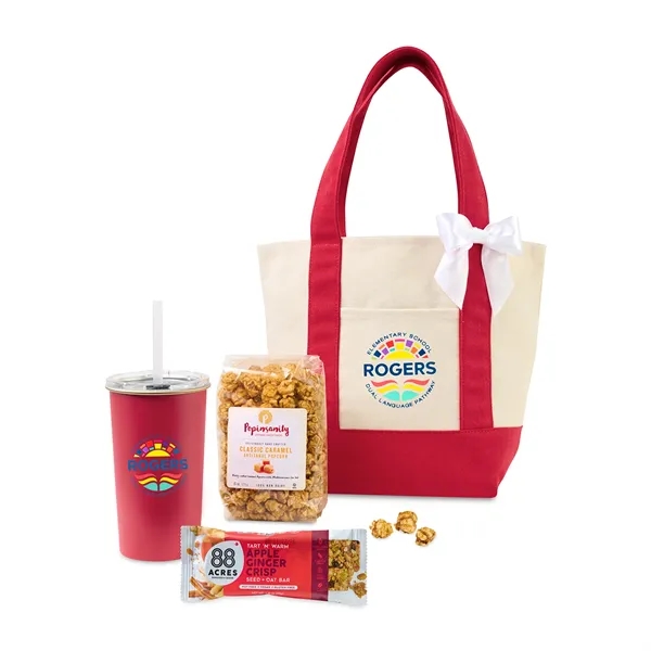 Gift set with a tote bag, 20 oz. tumbler, caramel popcorn,... from ASI 56070 Gemline / Gemline®