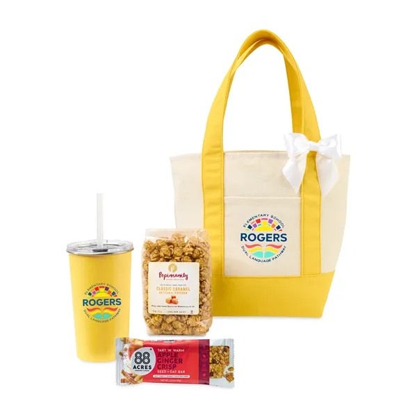 Gift set with a tote bag, 20 oz. tumbler, caramel popcorn,... from ASI 56070 Gemline / Gemline®