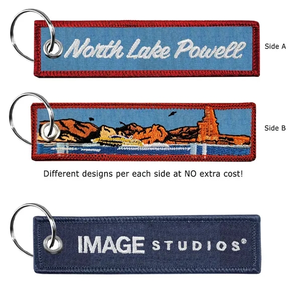 Embroidered key tag that measures 1" x 4" with denim background... from ASI 90160 Suntex Industries
