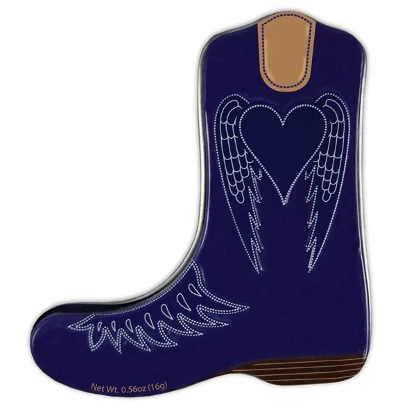 Exclusive cowboy boot designed tin that holds 72 small mints.... from ASI 44900 NC Custom (CI/Lanco) / Chocolate Inn