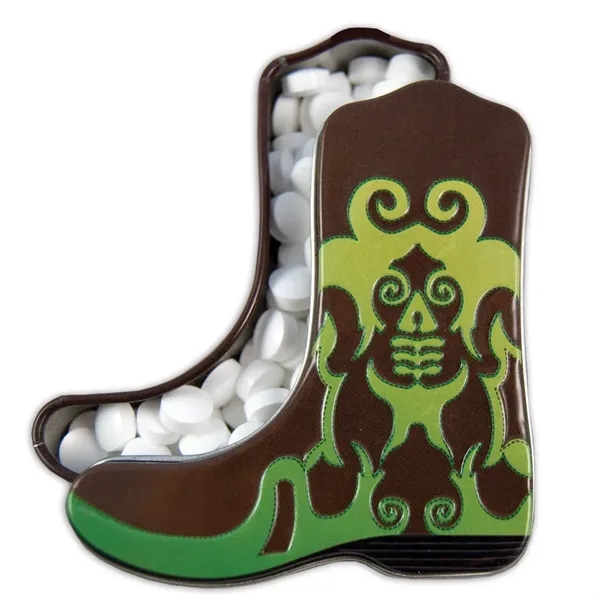 Exclusive cowboy boot designed tin that holds 72 small mints.... from ASI 44900 NC Custom (CI/Lanco) / Chocolate Inn