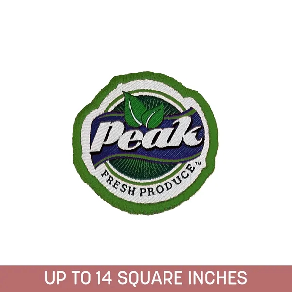 New custom shape woven sticker up to 14 sq. inches with... from ASI 92980 WOV-IN® / Universal Strap/Wov-In Line