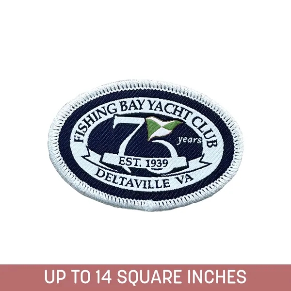 New woven sticker up to 14 sq. inches with a stick-on... from ASI 92980 WOV-IN® / Universal Strap/Wov-In Line