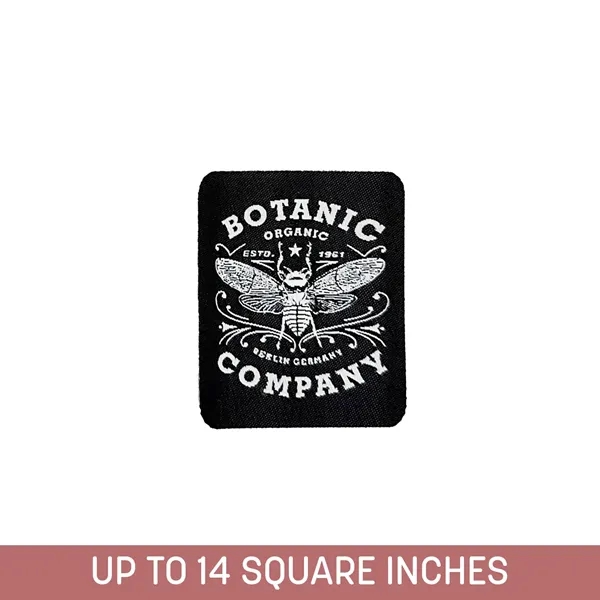 Woven label up to 14 sq. in. with embroidery backing, 100%... from ASI 92980 WOV-IN® / Universal Strap/Wov-In Line