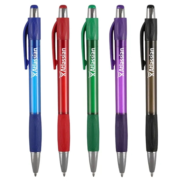 Click style transparent pen with matching rubber grip.... from ASI 52840 Evans Manufacturing