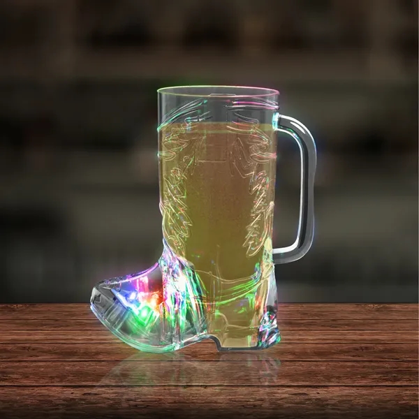 16 oz. clear plastic cowboy boot shaped drinking glass with built-in... from ASI 42016 Brighter Promotions Inc / Chemical Light™ Liquid Light