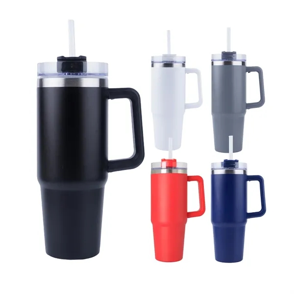 30oz - Stainless Double Wall Handle Tumbler with pop-top, spill-proof straw... from ASI 74741 NVS Promo Designs, Inc. / NVS Promo