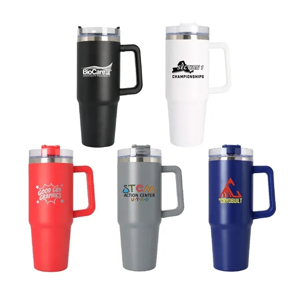 30oz - Stainless Double Wall Handle Tumbler with pop-top, spill-proof straw... from ASI 74741 NVS Promo Designs, Inc. / NVS Promo