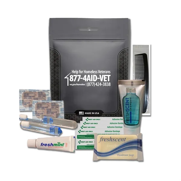 Hygiene kit with a toothbrush, toothpaste, shampoo, deodorant soap, bandages, and... from ASI 84514 Safety Made