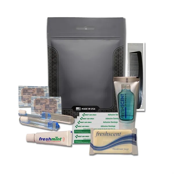 Hygiene kit with a toothbrush, toothpaste, shampoo, deodorant soap, bandages, and... from ASI 84514 Safety Made