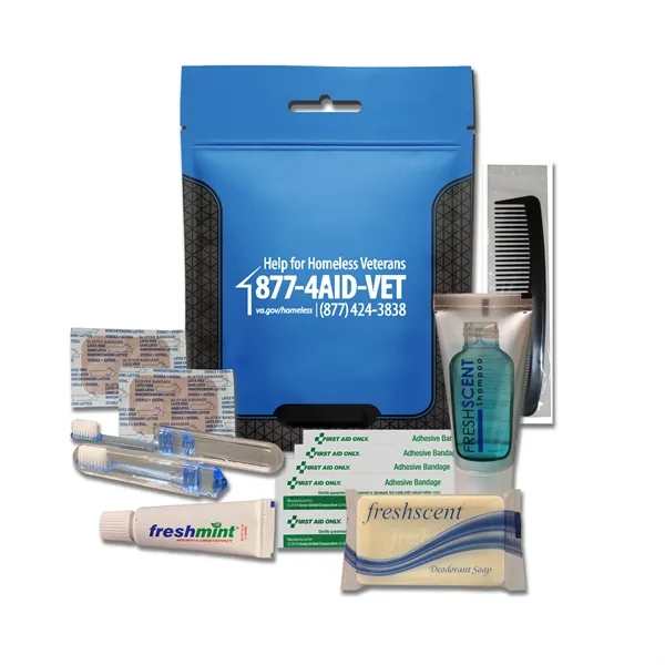 Hygiene kit with a toothbrush, toothpaste, shampoo, deodorant soap, bandages, and... from ASI 84514 Safety Made