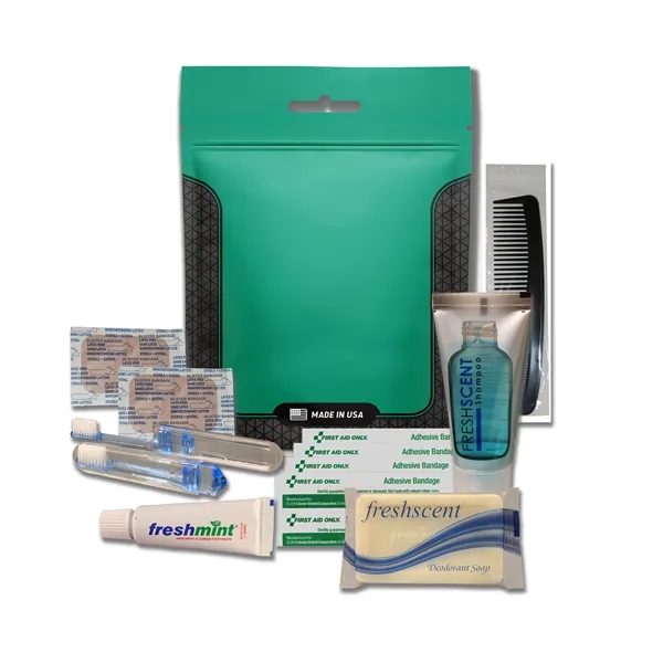 Hygiene kit with a toothbrush, toothpaste, shampoo, deodorant soap, bandages, and... from ASI 84514 Safety Made