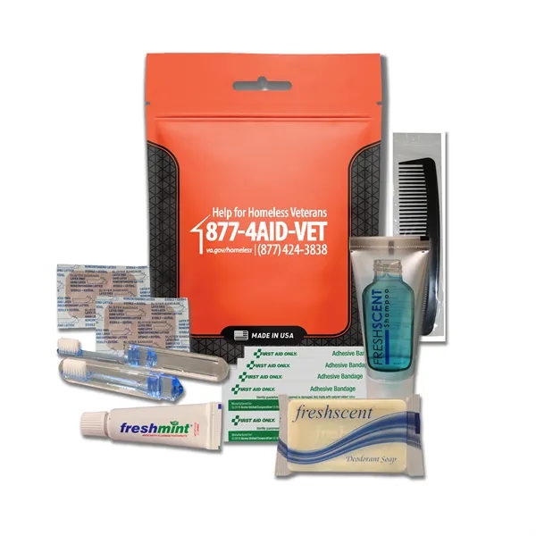 Hygiene kit with a toothbrush, toothpaste, shampoo, deodorant soap, bandages, and... from ASI 84514 Safety Made