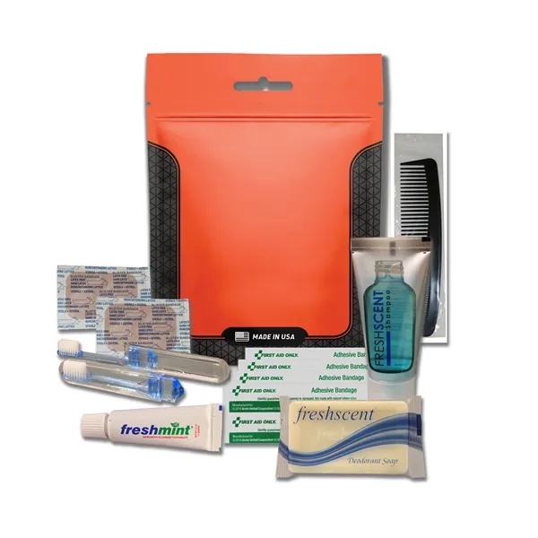 Hygiene kit with a toothbrush, toothpaste, shampoo, deodorant soap, bandages, and... from ASI 84514 Safety Made