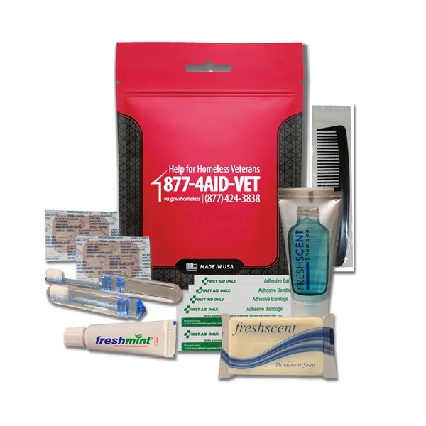 Hygiene kit with a toothbrush, toothpaste, shampoo, deodorant soap, bandages, and... from ASI 84514 Safety Made