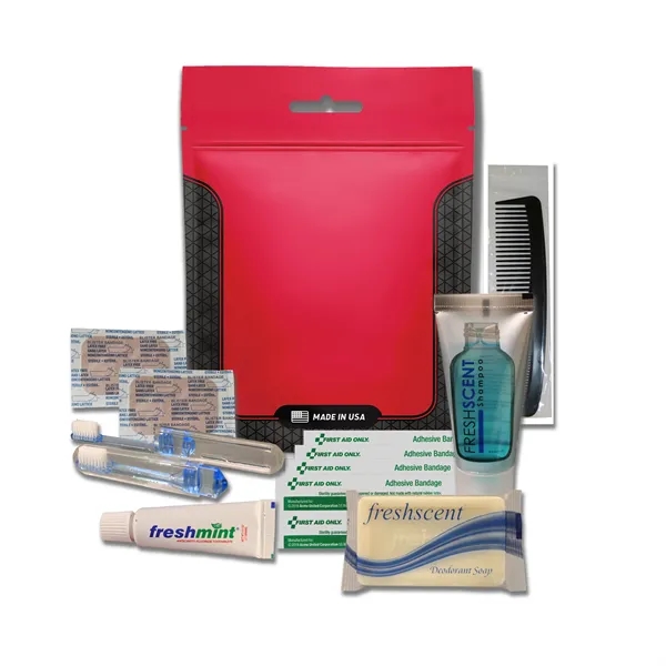 Hygiene kit with a toothbrush, toothpaste, shampoo, deodorant soap, bandages, and... from ASI 84514 Safety Made