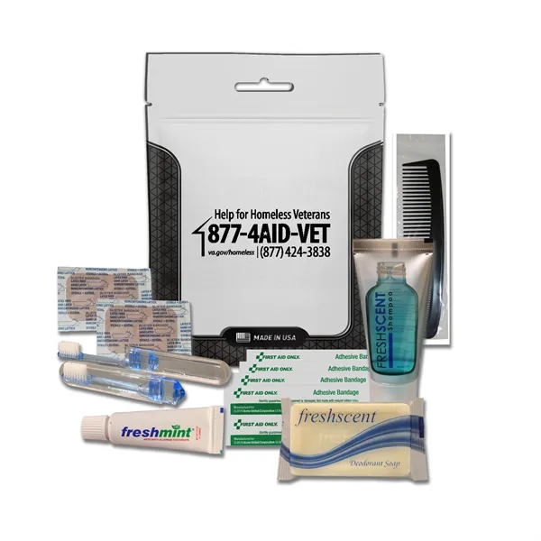 Hygiene kit with a toothbrush, toothpaste, shampoo, deodorant soap, bandages, and... from ASI 84514 Safety Made