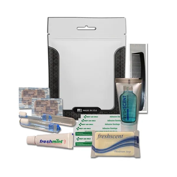 Hygiene kit with a toothbrush, toothpaste, shampoo, deodorant soap, bandages, and... from ASI 84514 Safety Made