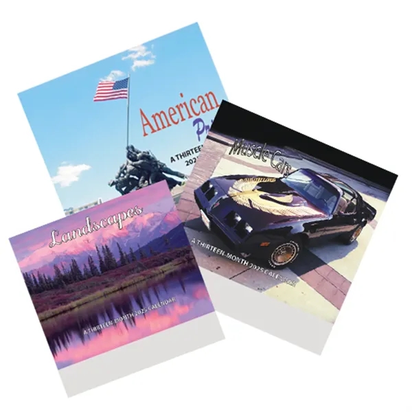 13-month wall calendar with muscle car, patriotic, or landscape scenes.... from ASI 57956 Graphco line