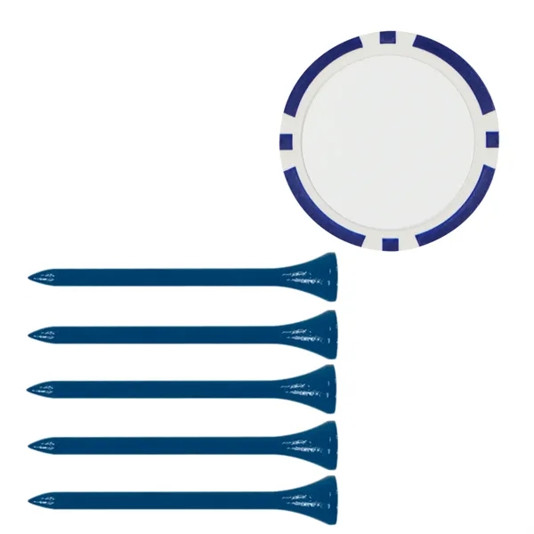 Set of 5 bamboo golf tees and a casino chip/ball marker.... from ASI 57653 Gold Bond