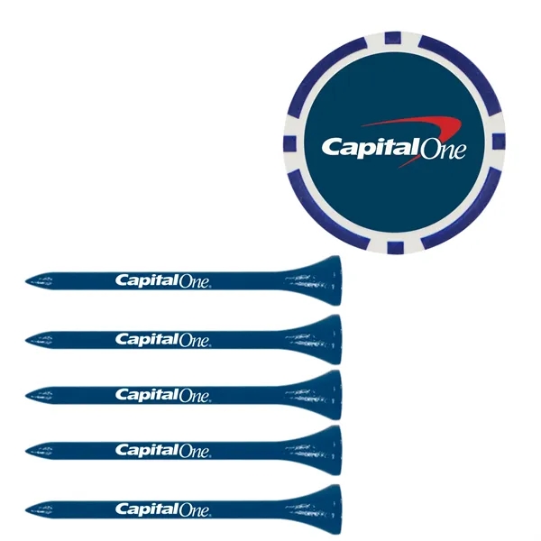 Set of 5 bamboo golf tees and a casino chip/ball marker.... from ASI 57653 Gold Bond