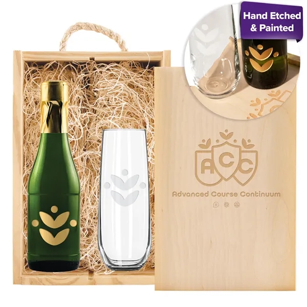 Sparkling wine gift set with a 187-milliliter bottle, stemless flute, and... from ASI 30223 A Plus Wine Designs