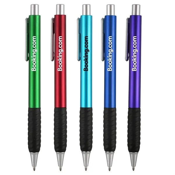 Retractable ballpoint pen with metallic colored barrel, gel ink and black... from ASI 52840 Evans Manufacturing