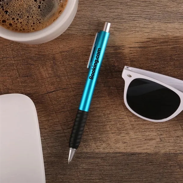 Retractable ballpoint pen with metallic colored barrel, gel ink and black... from ASI 52840 Evans Manufacturing