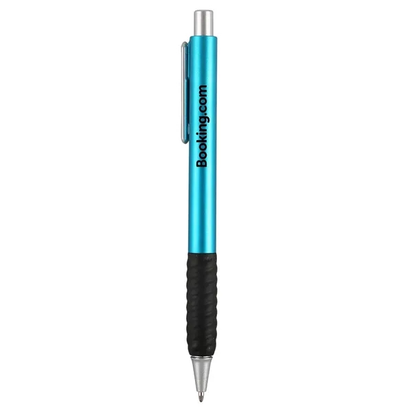 Retractable ballpoint pen with metallic colored barrel, gel ink and black... from ASI 52840 Evans Manufacturing