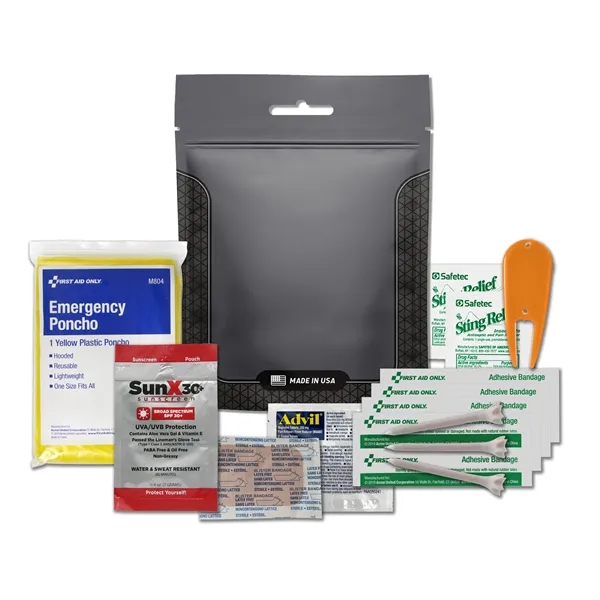 Golf kit with a sunscreen packet, rain poncho, bandages, Advil, golf... from ASI 84514 Safety Made