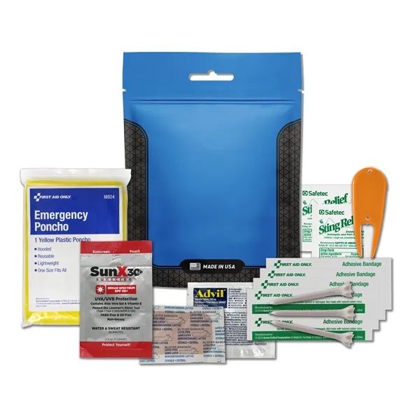 Golf kit with a sunscreen packet, rain poncho, bandages, Advil, golf... from ASI 84514 Safety Made