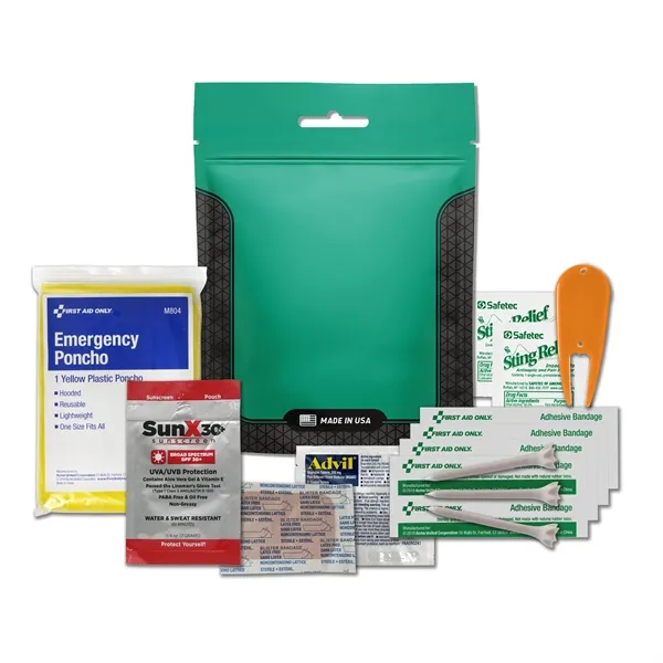 Golf kit with a sunscreen packet, rain poncho, bandages, Advil, golf... from ASI 84514 Safety Made