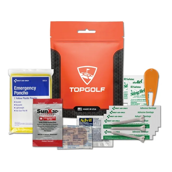 Golf kit with a sunscreen packet, rain poncho, bandages, Advil, golf... from ASI 84514 Safety Made