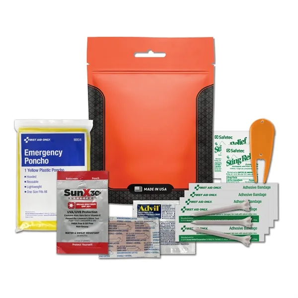 Golf kit with a sunscreen packet, rain poncho, bandages, Advil, golf... from ASI 84514 Safety Made